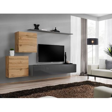 Ensemble mural - Switch V - 1 vitrine carrée - 1 banc TV - 1 étagère - Bois et graphite - Modèle 1 - Livraison gratuite