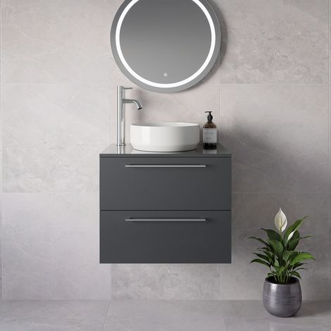 Napoli 460 Gloss Grey 600mm Wall Mounted 2 Drawer Vanity Unit for Countertop Basins - 600mm - Chrome 320mm Handle