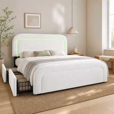 (=AB20044647W)Bettgestell mit USB Typ C Ladefunktion LED-Beleuchtung und 4 Schubladen, Doppelbett Polsterbett 160x200cm, Höhenverstellbarem Kopfteil, Lattenrost aus Holz, Sherp-Weiß (Ohne Matratze) (1/5)