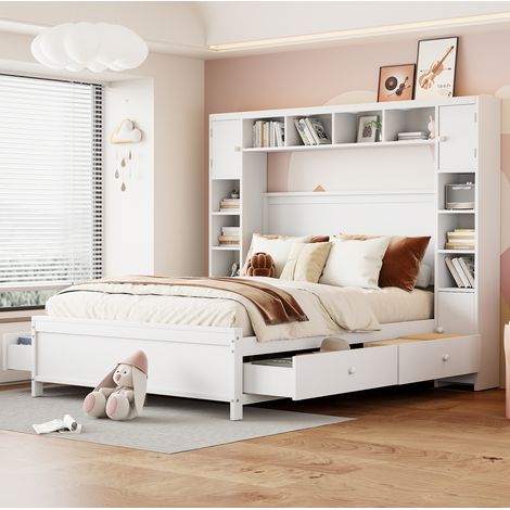 Cama con almacenaje 140x200 cm de madera maciza blanca, con 4 cajones, arcón lateral y somier de láminas