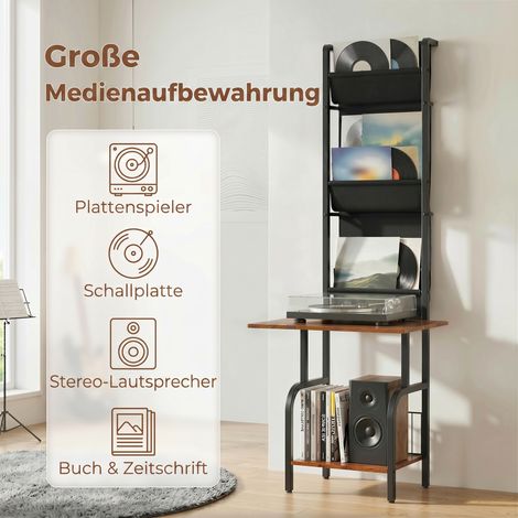 Étagère CD industrielle, rangement DVD avec 3 poches en tissu et plateau, style bois rustique brun (1/5)