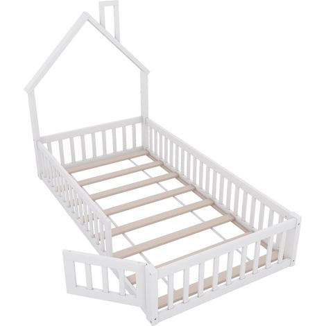 Hausbett 90×200 cm, Einzelbett mit Sicherheitsgitter und Schornsteinform, ohne Matratze, Weiß (1/5)