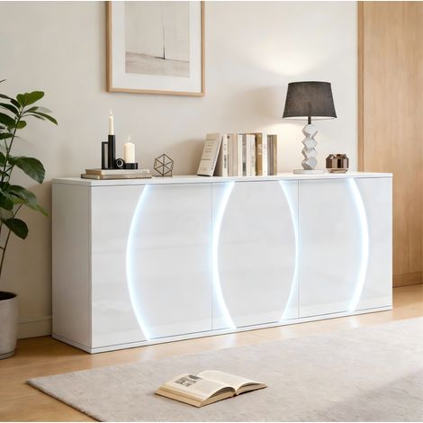 Aparador 3 puertas con LED, blanco, en aglomerado, 150 x 40 x 70 cm (1/5)
