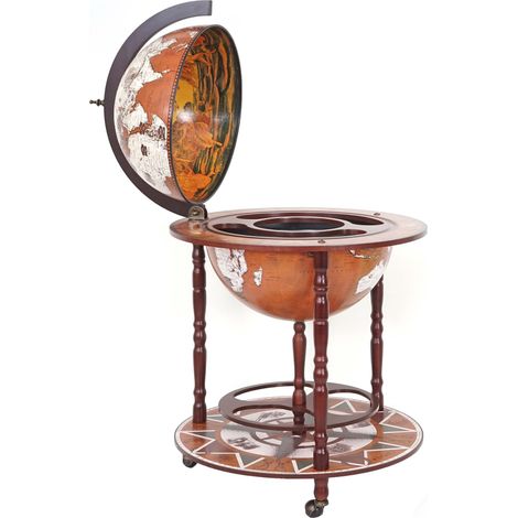 Bar de salon HWC-D86, minibar, étagère de vin, globe terrestre Ø 45cm, roulant, bois d'eucalyptus (1/5)