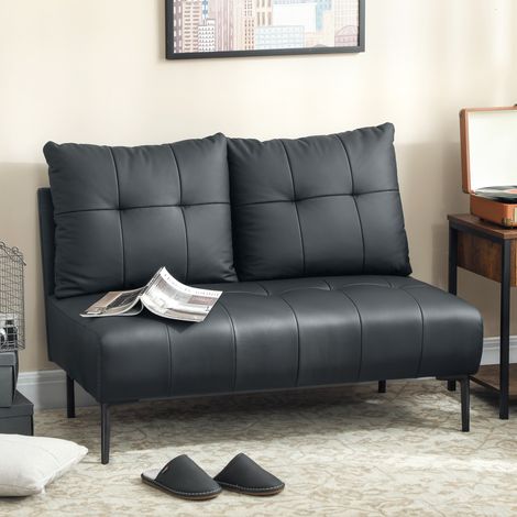 Sofá compacto de 2 plazas de piel sintética, sofá moderno capitoné con acolchado grueso y patas de madera, sofá de dos plazas sin brazos para sala de estar y estudio, 115x73x83 cm, negro