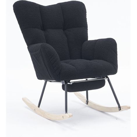 ELVMI Sedia a Dondolo con Poggiapiedi Pieghevole, Schienale Alto Ergonomico e Braccioli Imbottiti, in Bouclé Nero (1/5)