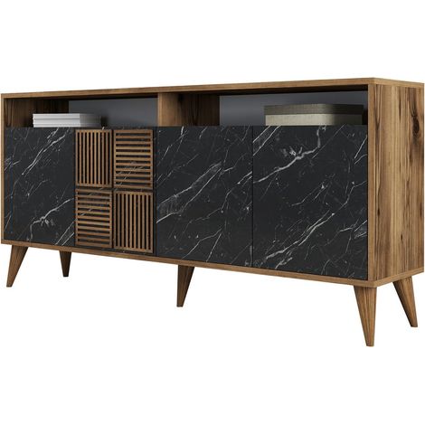 Cotecosy – Buffet en bois noyer et noir effet marbre 4 portes – Dimensions L 160 x H 78.6 x P 35 cm – Finition mélaminé durable – Fabrication Europe (1/5)