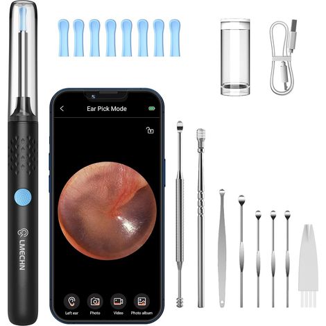Caméra d'inspection endoscopique 1080P HD, Outil de nettoyage d'oreille avec 6 LED, Kit 7 accessoires étanche, Compatible iOS et Android, Noir (1/5)