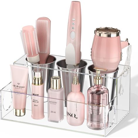 Organizer in acrilico trasparente per strumenti per lo styling dei capelli e asciugacapelli, da posizionare sul ripiano del bagno, per accessori, trucco e articoli da toeletta.