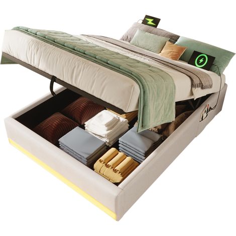 Lit coffre 90x200 cm en lin beige avec LED multicolore, ports USB & Type-C, sans tête de lit (1/5)