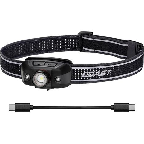 Coast Wiederaufladbare LED Stirnlampe 1000 Lumen, Weißlicht, dimmbar, IP54 staub- und spritzwassergeschützt, verstellbares Stirnband, leistungsstarke freihändige Beleuchtung für Camping Wandern