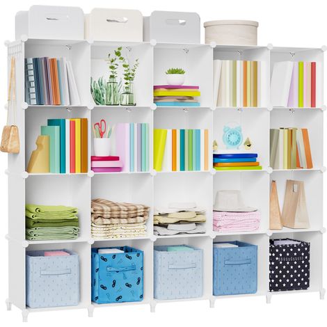 Étagère de Rangement avec 20 Casiers, Meuble de Rangement, Etagères Empilables en Plastique, Bibliothèque, Armoire de Rangement Modulaire pour Livres, Vêtements, Jouets, Blanc (1/5)