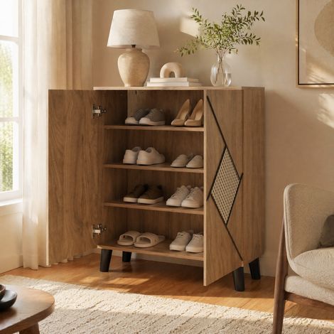 Meuble à chaussures 80 x 32 x 91 cm avec 2 portes, motif décoratif effet rotin, décor bois DESVIAE (1/5)