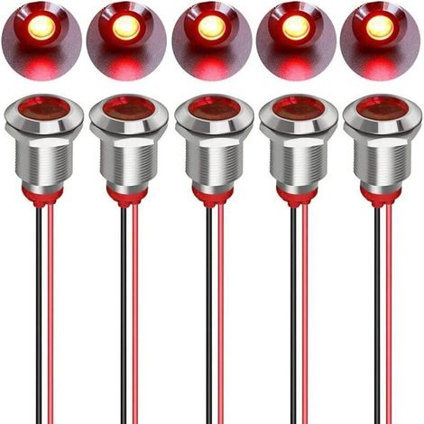 5pcs 12mm 12/24VDC LED Metal Indicator - Waterproof Signal Light, Directional Dashboard Pilot Lamp with Wire (Red) (1/5)