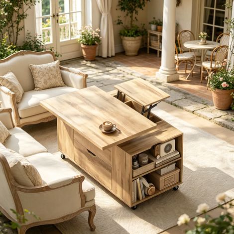 Sideboard 100/50,5/53 cm in heller Eiche mit Hubplatte und feststellbaren Rollen (1/5)