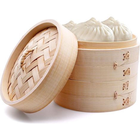Bamboo Steamer 2 Tier with Lid 15cm Basket with 2 Silicone Baking Mats for Dumplings, Rice, Dim Sum, Vegetables, Meat (S) (1/5)