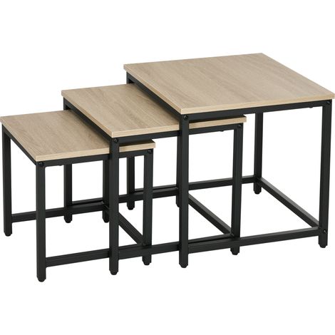 Set de 3 mesas auxiliares apilables con estructura de acero y efecto madera natural (1/5)