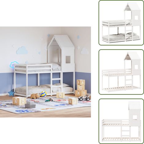 Etagenbett mit Dach Weiß 90x200 cm Massivholz Kiefer - Kinderbett - Jugendbett - Holzbett - Etagenbett - Hochbett