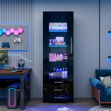 Vitrine 60x35x180 cm noire en MDF avec LED, porte acrylique, 3 tiroirs et étagères en verre trempé (1/5)
