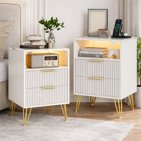 WUMAGIN - Lot de 2 tables de chevet - Avec 2 Tiroirs - 60x40x40cm - Style Moderne, Scandinave - USB et prises électriques - Pour Salon, Chambre - Blanc (1/5)