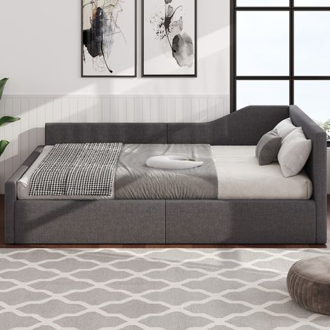 DESVIAE Lit de jour rembourré avec rangement sous le lit dossier et accoudoir en tissu gris 140 x 200 cm structure en bois (1/4)