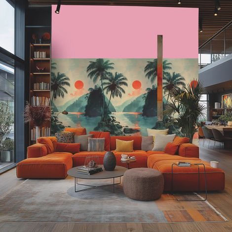 Papier peint photo Profhome 790165 papier peint intissé gaufré à chaud légèrement texturé avec un dessin nature mat vert beige orange bleu 1,59 m x 2,8 m