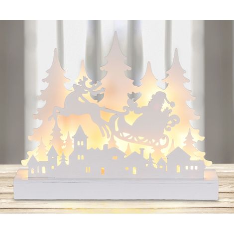 LED Holz Aufsteller Weihnachtsmann im Schlitten - 30 cm - Advent Winter Tischdeko warm weiß beleuchtet Batterie bettrieben