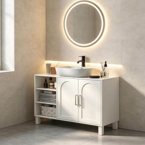 Mueble de baño bajo lavabo (90x30x63 cm), con 3 estantes y armario de dos niveles, MDF y aglomerado, crema (1/5)