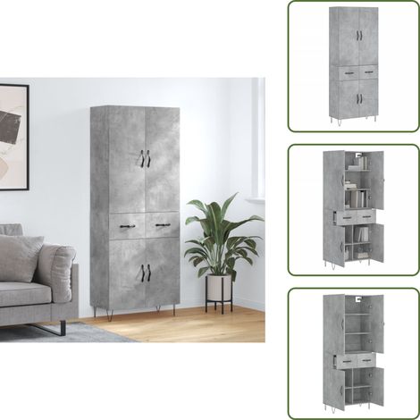 The Living Store Buffet haut Gris béton 69,5x34x180 cm Bois d'ingénierie - Buffet Design Moderne - Meuble Rangement Gris - Armoire Cuisine - Buffet Haute Capacité - Buffet Salon (1/5)