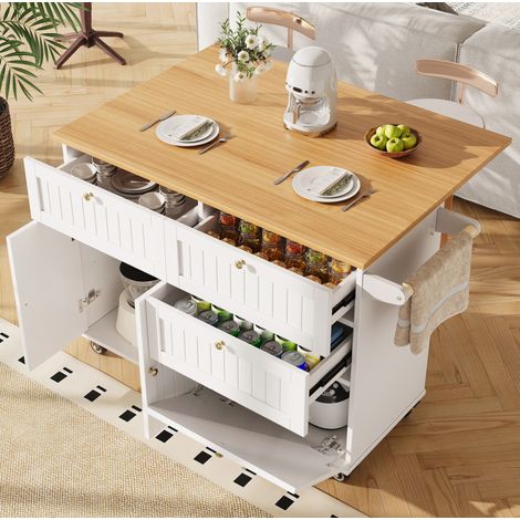 Isla de cocina 133/37,3/88 cm blanca con ruedas, almacenamiento y puerta abatible (1/5)