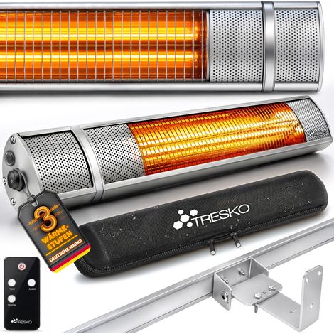 TRESKO Calefactor por Infrarrojos de Pared Plateado 2000W + Control Remoto Estufa Radiante con 3 Temperaturas Radiador Eléctrico para Exterior e Interior Calentador de Cuarzo