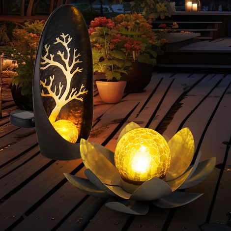 Globo – Lampe solaire fleur de lotus – 1x lampadaire et 1x fleur de lotus – Lumière blanc chaud 3000K – IP44 pour extérieur – Lot de 2 (1/5)