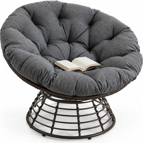 Fauteuil Papasan Pivotant Ergonomique avec Coussin Rembourre pour Salon Chambre ou Terrasse en Acier Gris 92 x 67 cm