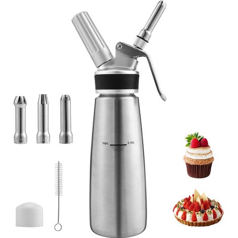 Wolketon Distributeur de crème fouettée Chargeur de crème fouettée de 500 ml Acier Inoxydable Siphon à crème, sans fuite, machine à crème avec 3 ensembles de buses de décoration, résistant aux fuites