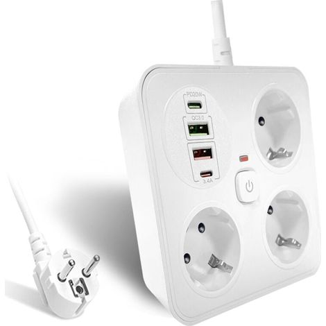 Multiprise 3 prises avec 2 ports USB A et 2 USB C, adaptateur de prise avec câble d'extension de 2 m (250 V/16 A), multiprise pour bureau, maison (blanc) (1/4)