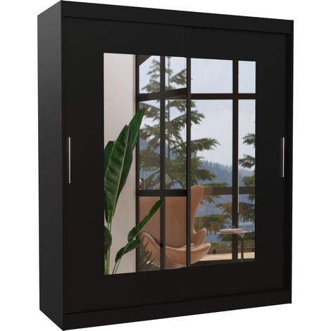 Armoire de chambre moderne noir 2 portes coulissantes avec miroir Rozika 180cm (1/5)