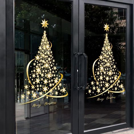 Lot de 2 Autocollants statiques en forme d'arbre de Noël, grand sapin de Noël doré, pour mur, fenêtre, porte, vitrine (1/5)
