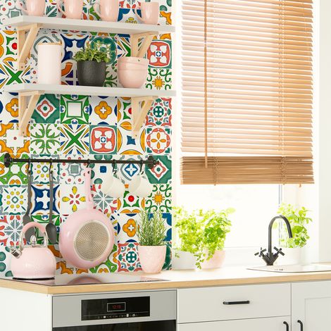 Sticker Mural Carrelage adhésif Cuisine Salle de Bain - 9 STICKERS CARREAUX DE CIMENT AZULEJOS EUNICE - 9stickers15x15cm (1/5)