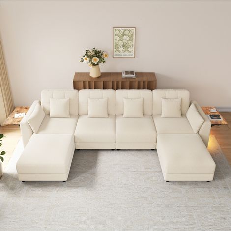 Sofá modular en U o L (292x135x82 cm), con 2 pufs móviles, iluminación LED, mesa abatible, chenilla beige (1/5)