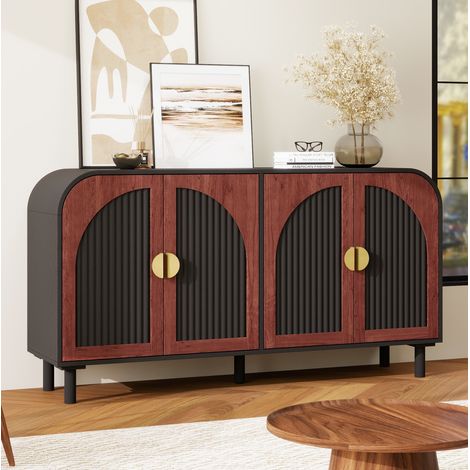 Credenza in truciolare nero e noce scuro 150x40x80 cm, 4 ante, ripiani regolabili, cerniere ammortizzate (1/5)