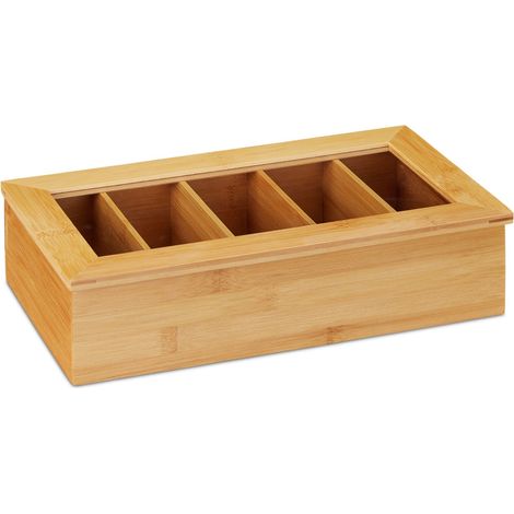 Boîte à thé en bambou rangement cuisine avec 5 compartiments design naturel et chaleureux en bambou (1/4)
