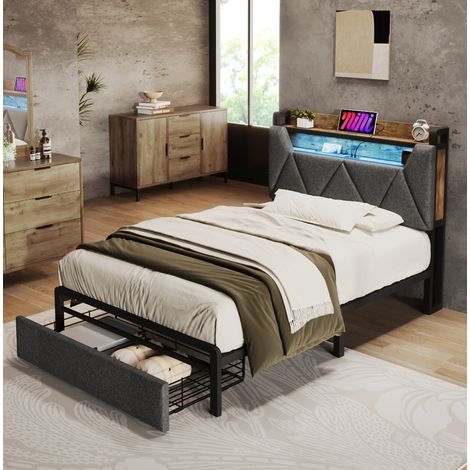 Letto singolo industriale 90x200 cm in lino grigio con testiera contenitore, USB/Type-C, LED, cassetto e rete a doghe