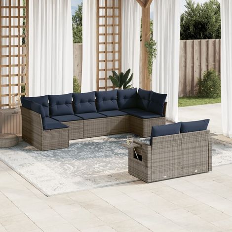 9-teiliges Gartensofa-Set mit Kissen, grau, Polyrattan (1/5)