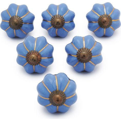 Lot de 6 Boutons Décoratifs en Céramique Peints à la Main Bleus pour Placard Tiroir et Meubles pour Armoires de Cuisine Salle de Bain Commode Finition Brillante Motif Citrouille (1/4)