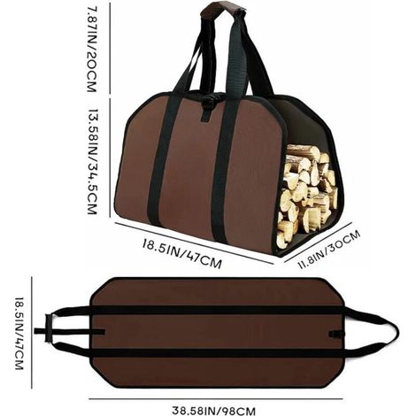 Sac de transport en toile (marron) pour le transport portable du bois de chauffage, adapté au camping et à l'utilisation dans une cheminée. (1/4)