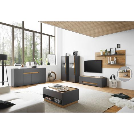 Wohnwand modern CRISP-61 in anthrazit mit Absetzungen in Wotan Eiche Nb. (1/5)