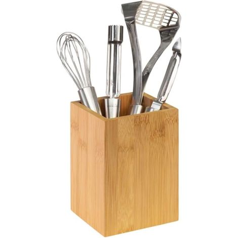 Square Kitchen Utensil Holder/Organizer, Dimensions: 13.5 x 10 x 10 cm, Bamboo, Brown (1/4)