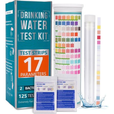 Kit Test Eau Potable 17 en 1 (125 strips+2 tests bactériens) Bandelette Eau Piscine Puits, robinet, Test pour pH, Dureté totale, Sulfure d'hydrogène, Fer, Cuivre, Plomb, Chlore plus encore (1/5)