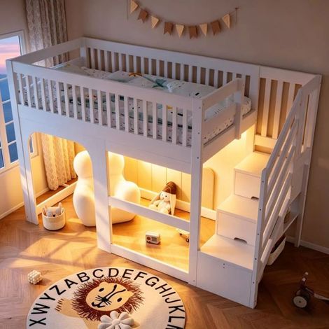 Lit Mezzanine Enfant 90 x 200 cm Effet porte et fenêtre Échelle avec rangement ouvert sous le lit Barrière de sécurité (1/5)