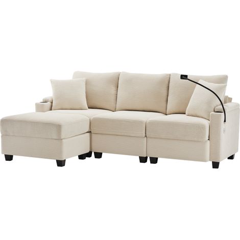 Sofá esquinero L convertible de 3 plazas en tela de pana beige con otomana y 2 cojines HOMVRA (1/5)